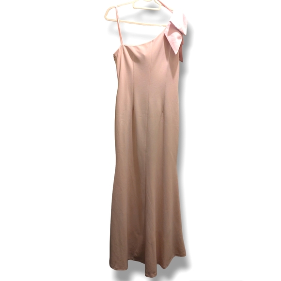 Eliza J One-Shoulder Satin Bow A-Line Blush Pink Evening Dress Maxi Gown- 12 - Picture 4 of 16
